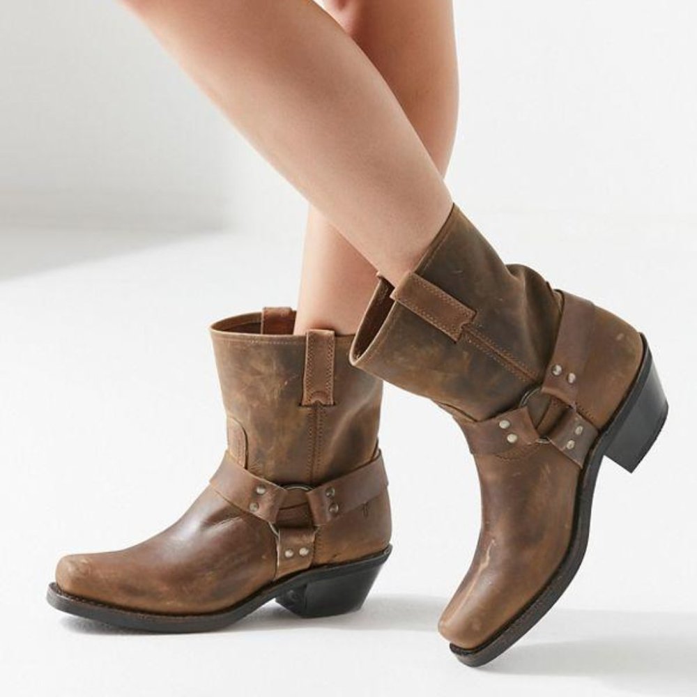$399 Frye Harness 8R Cognac Brown Real Leather Distressed Cowboy Calf Ankle Boot
